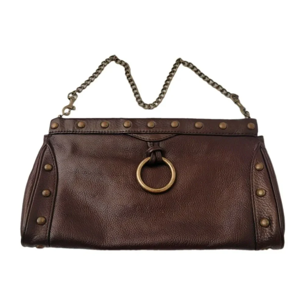 HOBO International Brown Leather Studded Shoulder Bag Hinged Frame Brass...